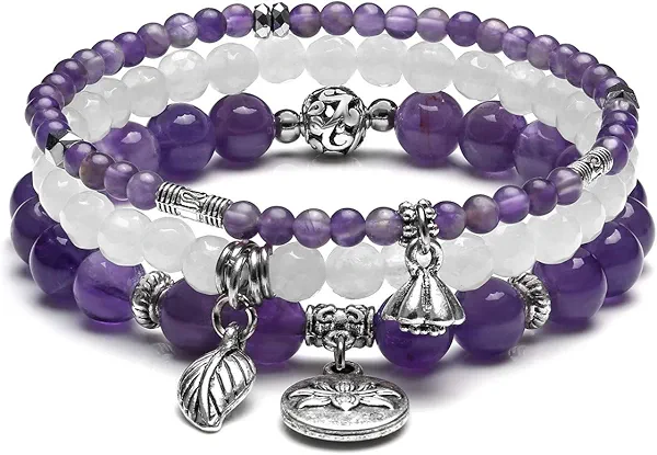 Jovivi 3pcs Amethyst Rose Quartz Crystal Beaded Chakra Bracelets Natural Healing Energy Lotus Charm Beads Stone Reiki Stackable Stretch Bracelets Set for Women