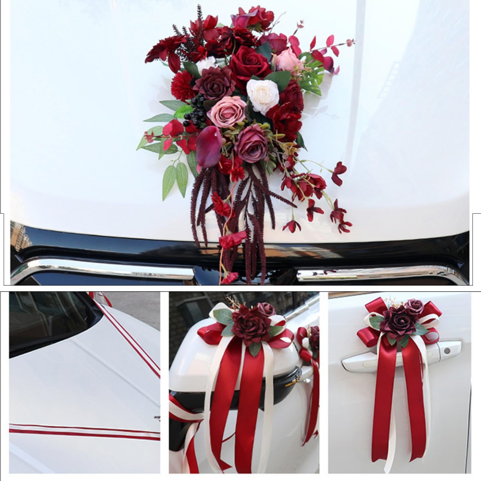8 Stück Set Hochzeit Autoschmuck, Hochzeit Autoschleifen mit Saugnäpfen, Rückspiegel Türgriff Motorhaube Künstliche Blume für Hochzeit Empfang Zeremonie (Blau)