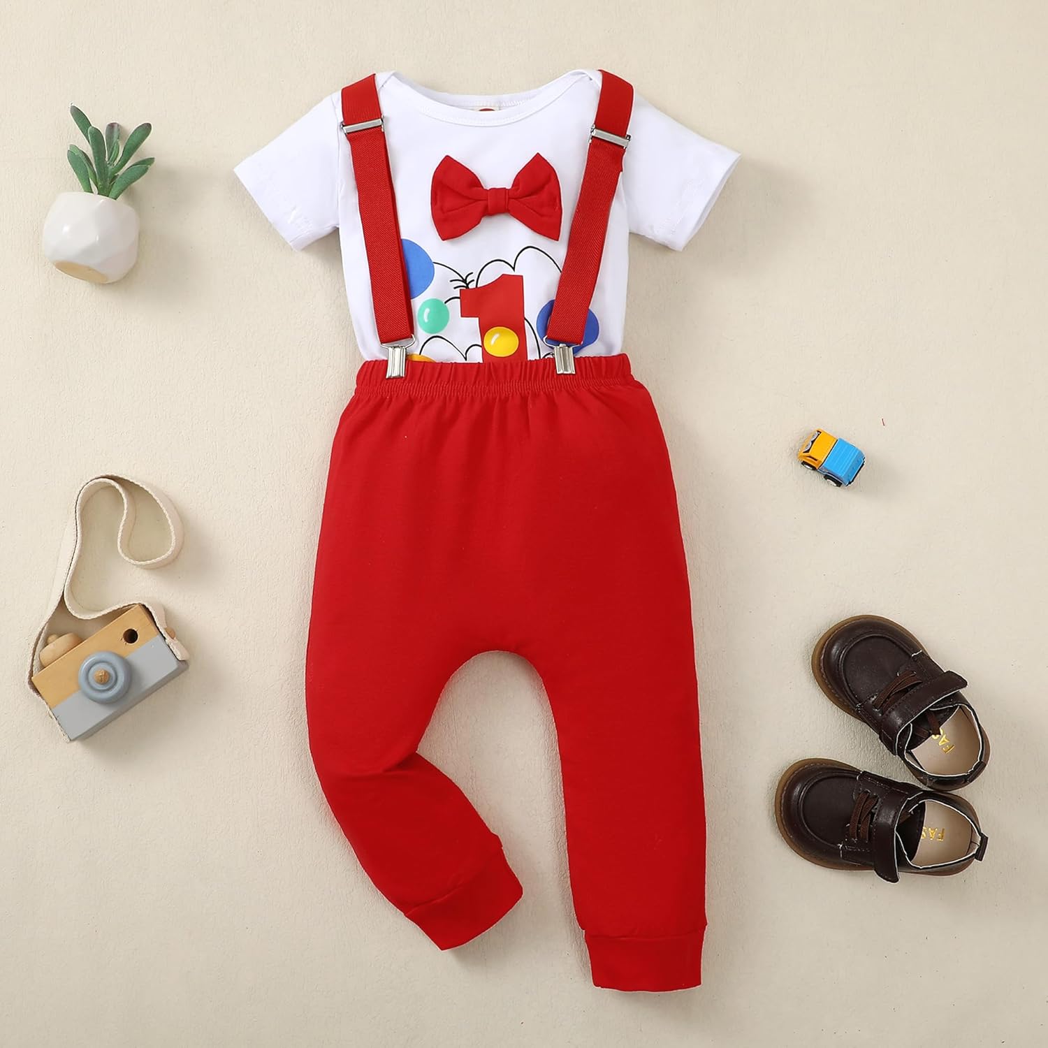 Baby Boy Funny First Birthday Clothes Infant Clothes Bow Tie Dinosaur Themed Romper Pants Set Suspenders - Image 2