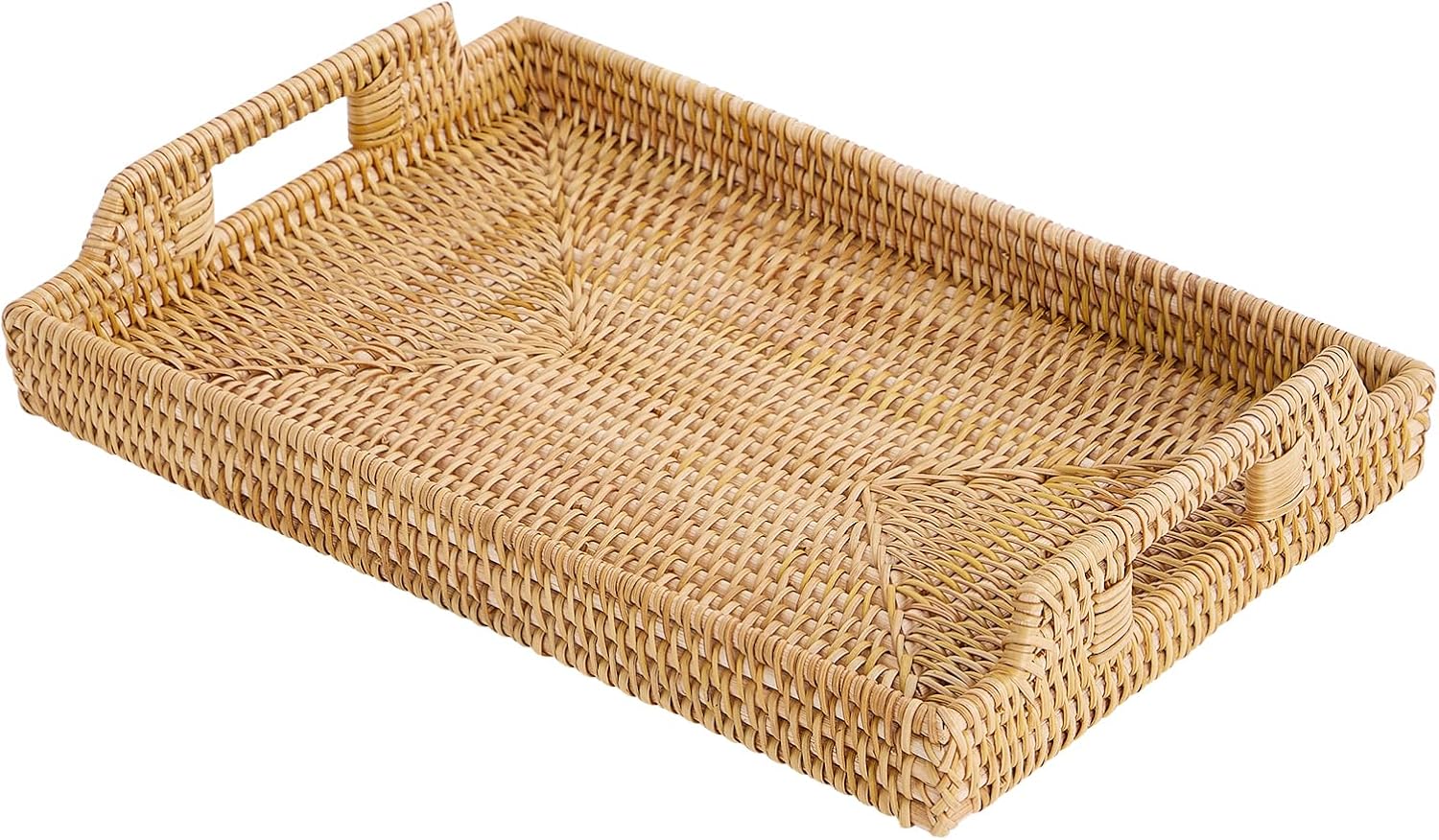 Rattan Rectangular Serving Tray with Handles, Hand-Woven Wicker Decorative Tray for Coffee Table,Vintage Boho Style Decor for Dining, Kitchen, Bathroom, Outdoor(14.4"x10.4"x1.4")