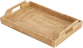Rattan Rectangular Serving Tray with Handles, Hand-Woven Wicker Decorati...