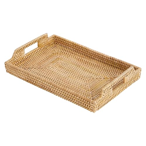Rattan Rectangular Serving Tray with Handles, Hand-Woven Wicker Decorative Tray