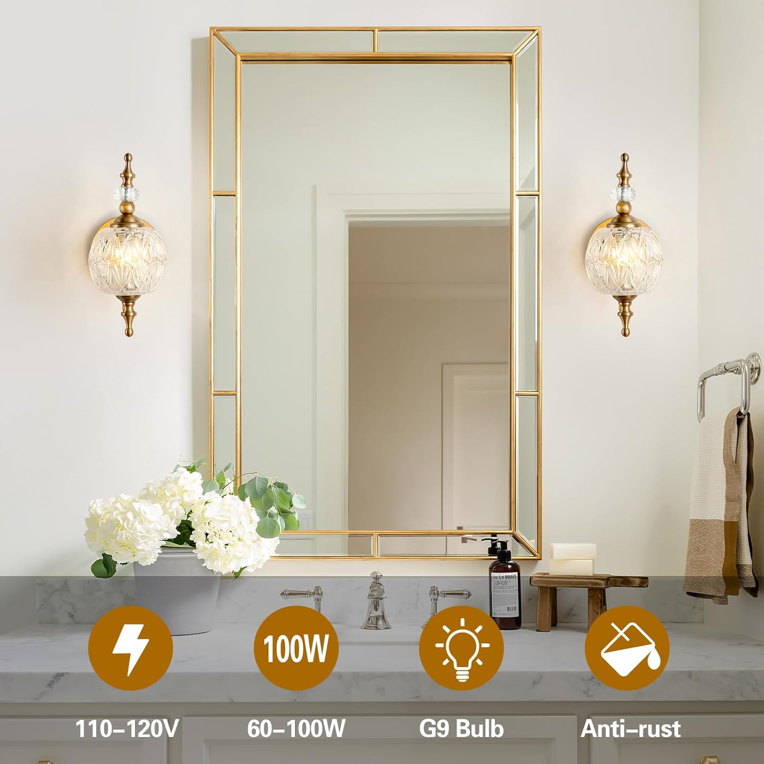 Vintage Bathroom Wall Sconces, 1-Light Wall Light Fixtures with Crystal Glass Shade Retro Bathroom Vanity Light Fixtures for Bedroom Living Room Farmhouse Dinning Room