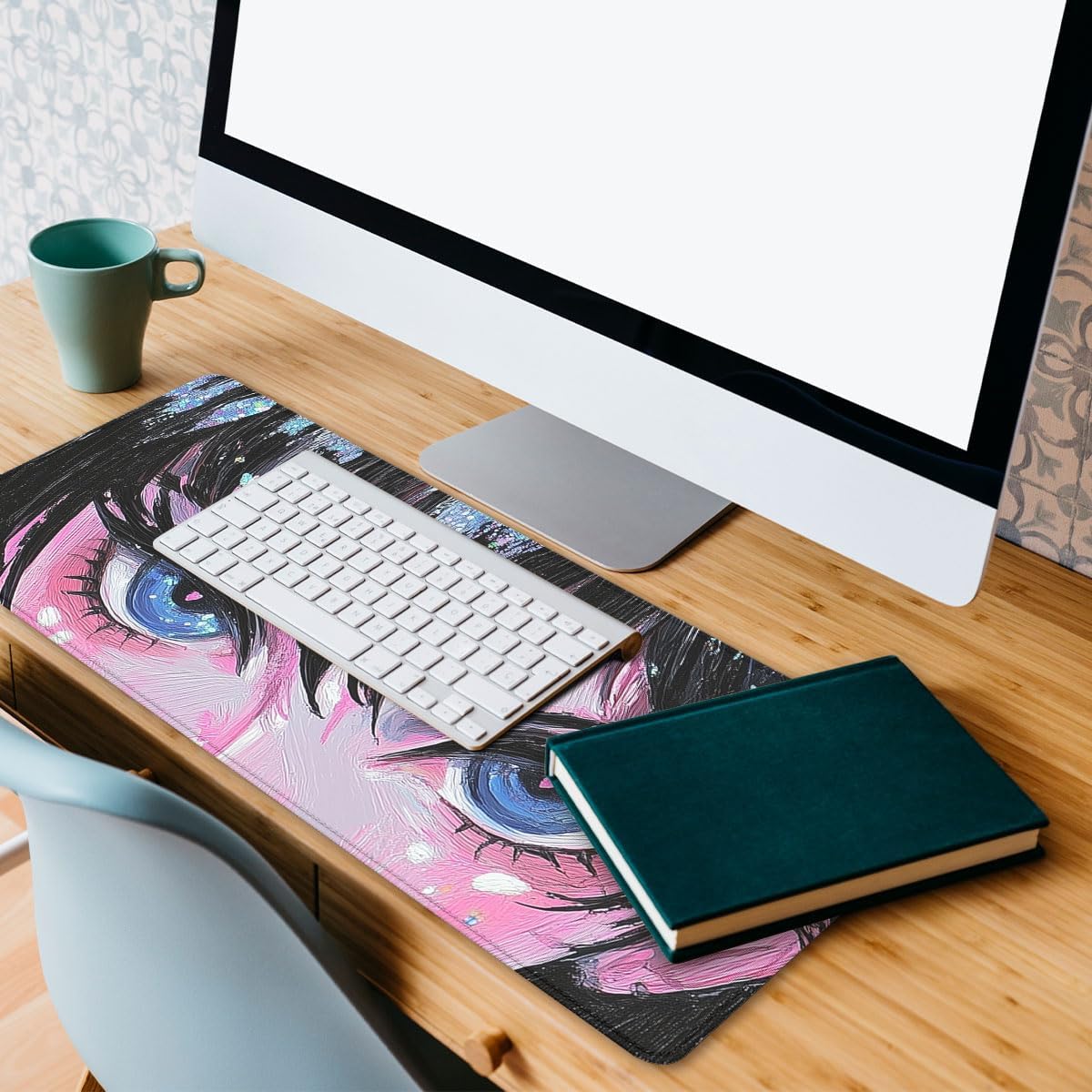 Anime Eyes Desk Pad Mouse Pad Blue Sparkle Oil Brush Art Extended Gaming Mousepad Mat with Stitched Edge Non-Slip Base Big Mousepad Office Home Decor for Women Girl 31.5"x11.8" image 5