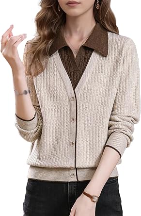 Womens Polo Neck Contrast Sweater Layered Look Pullover Knitwear