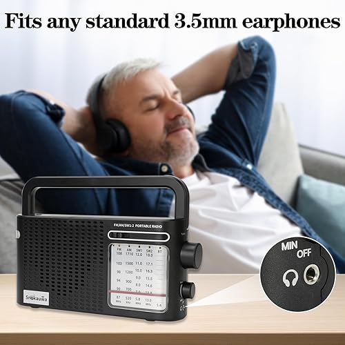 Miniatura 5 de Radio meteorológica portátil AM FM SW, enchufe de pared y funciona con pilas, con Bluetooth, altavoz grande, esfera grande, modo de tono altobajo,