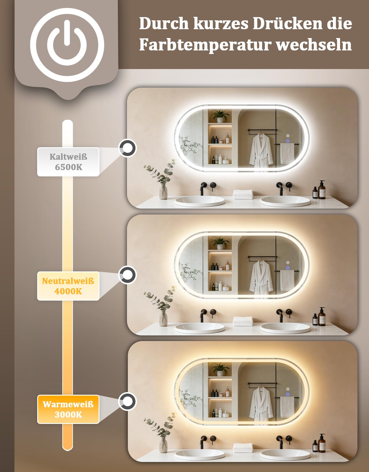 Espejo de baño ovalado con iluminación, espejo de baño LED, 60 x 120 cm, espejo de pared para cuarto de baño con interruptor táctil, función de desenfoque, IP44, regulable, 3000 K-6500 K