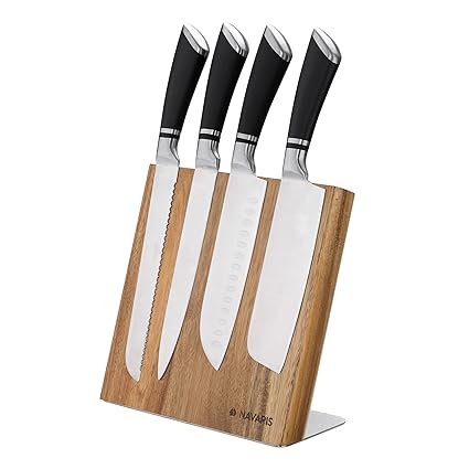 Navaris Wooden Magnetic Knife Holder - Universal Wood Magnetic Block & Organizer for Knives, Scissors, Utensils - Acacia, 9.1