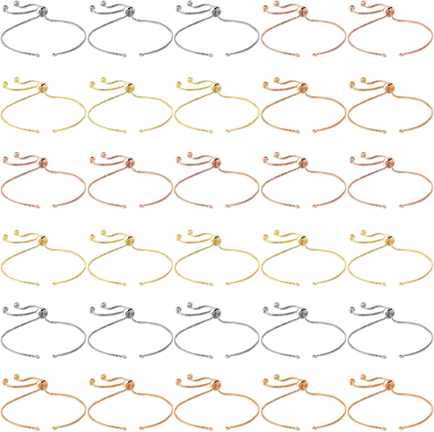 Junkin 30 Pieces Slider Bracelet 8.7 Inches Adjustable Bracelet with Rhinestones Ends Extender Chains for Jewelry Making Woman (Rose Gold,Sliver,Gold,Champagne)