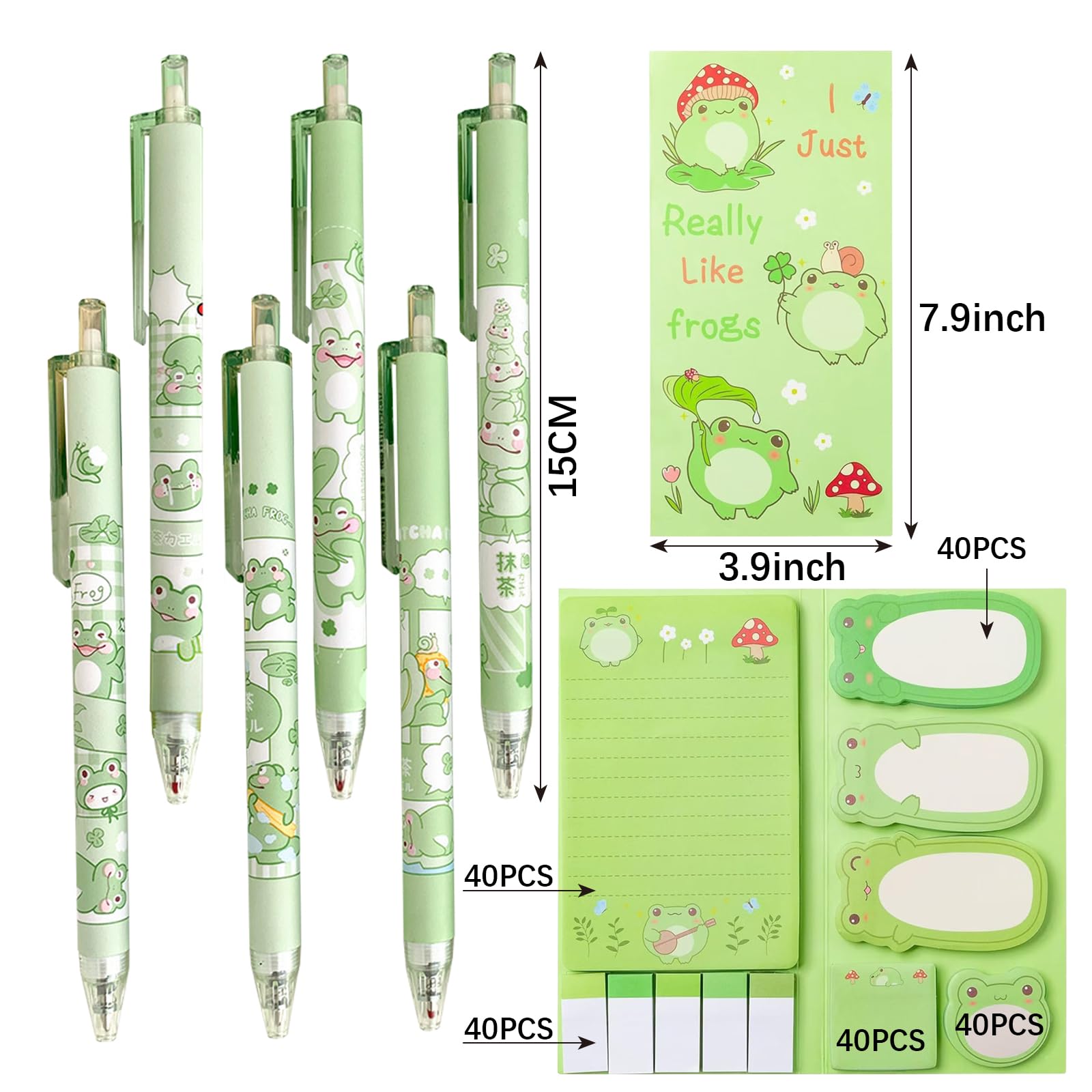 CHUNLINLAODA Frog Stationery Set, Including 550 Sheets Frog Sticky Note, 6 Pcs Frog Ball Point Gel Pens, Cute Office Supplies - Image 2