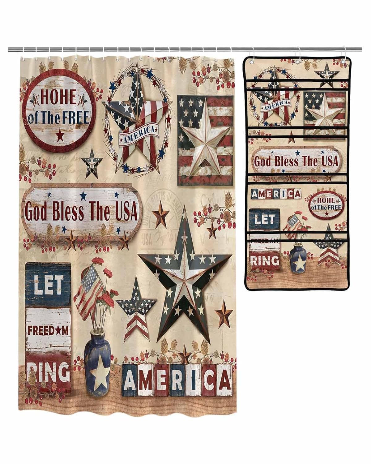 ZFUNCING Shower Curtain Mesh Shower Organizer Set 4th of July American Stars on Vintage Wood Waterproof Bath Curtains