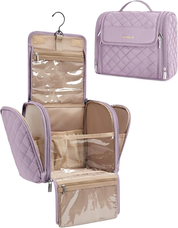 Necessaire de viagem BAGSMART roxa com gancho e alça, organizador para cosméticos e produtos de higiene, 27,94 cm x 15,49 cm x 22,5 cm
