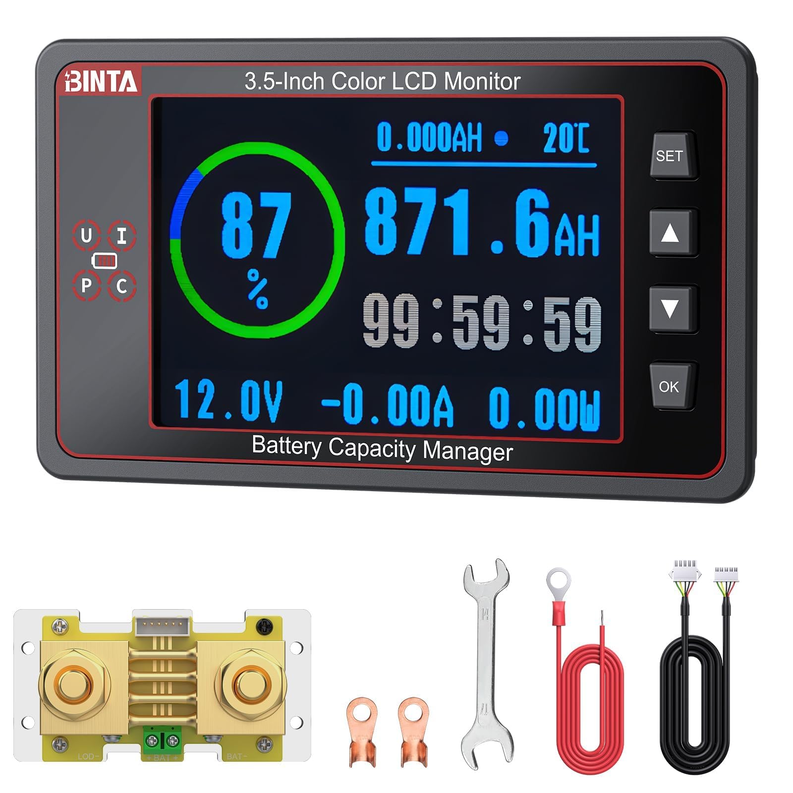 BINTA Monitor batteria 500A con shunt, schermo a colori da 8-100 V da 3,5 pollici per batterie allagate al gel di litio LiFePO4, retroilluminazione di allarme ad alta bassa tensione con copertura