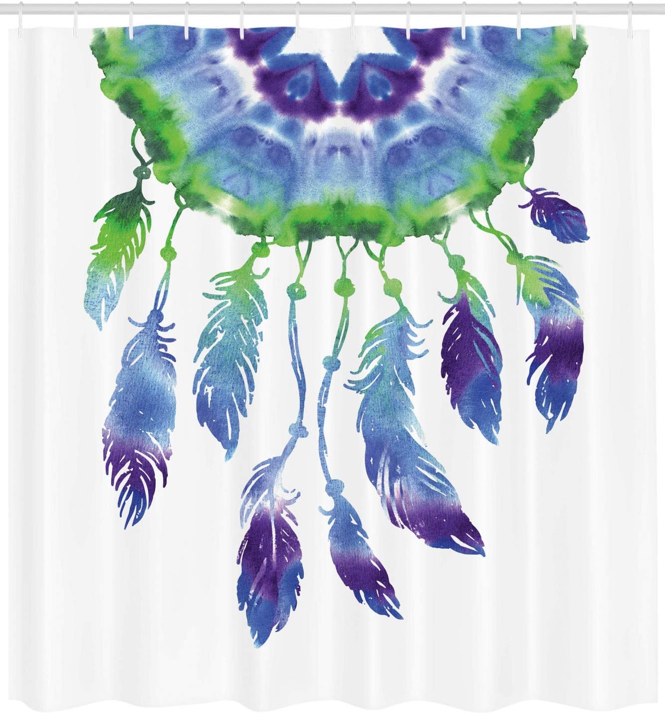 Ambesonne Tribal Shower Curtain, A Dreamcatcher and Bird Feathers with a Watercolor Painting Effect Ethnic Primitive Style of an Art, Cloth Fabric Bathroom Set with Hooks, 69" W x 70" L, Purple Green