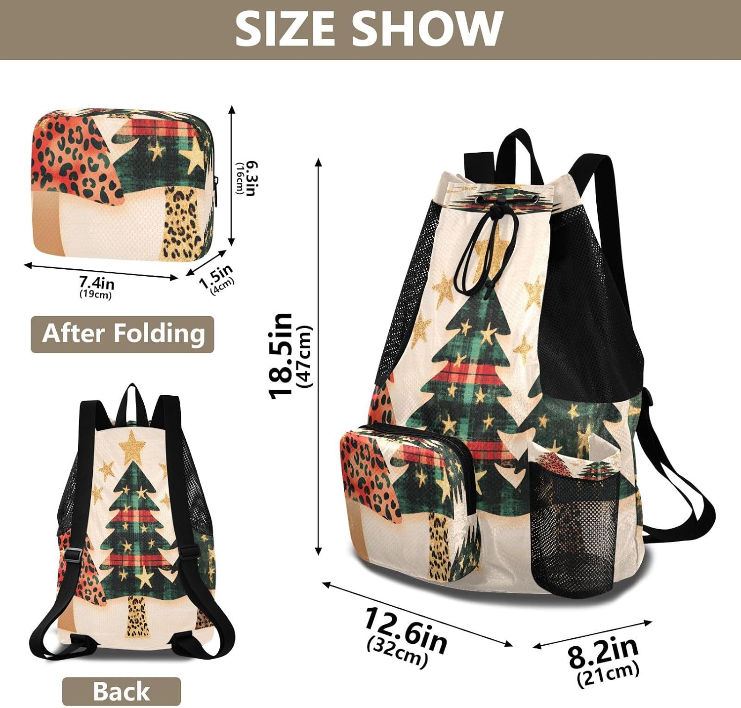 Mesh Gym Swimming Bags for Men & Women, Three Christmas Trees Leopard Print Large Drawstring Backpack with Dry-Wet Pocket, Lightweight Gym Bag for Sports, Travel, Beach, Workout Gear