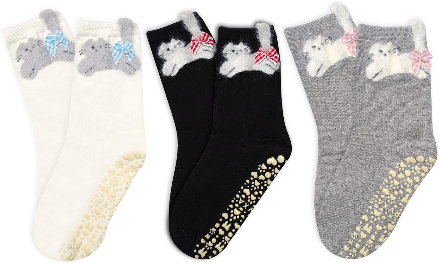 3 Pairs Cute Pilates Grip Socks for Women Polka Dot Flocked cat pattern Non Slip Grip Socks for Yoga, Barre