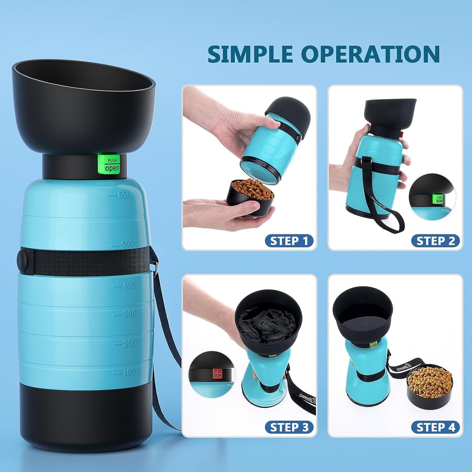 Hundewasserflasche 650ml inkl 150ml Futterbehälter Klappbar Tragbar Auslaufsicher BPA-frei Lebensmittelecht Welpenwasserspender Für Outdoor Wandern Reisen Gassi gehen(Gray 2 pcs)