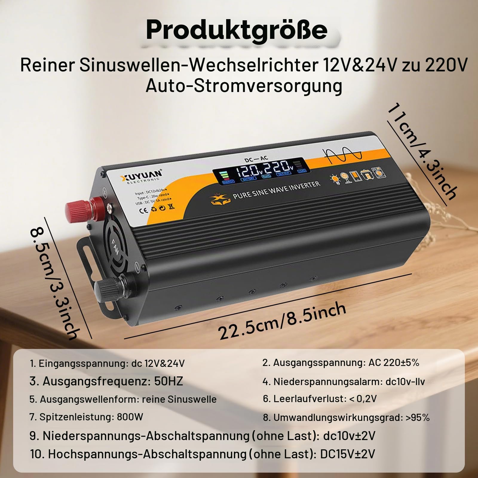 800W Wechselrichter 12v&24v auf 220V Reiner Sinus Wechselrichter, Spannungswandler mit 1 EU-Steckdose & 1 USB Port Stromwandler, LCD-Bildschirmanzeige, 5V/3A USB-Anschluss für LKW,Zuhause