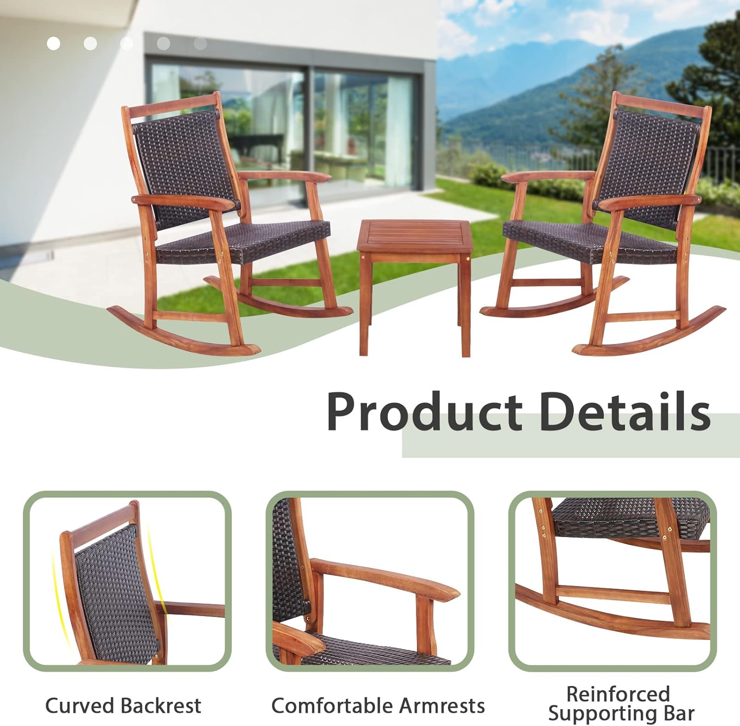 HAPPYGRILL 3 Pieces Rocking Bistro Set Acacia Wood Patio Rocking Chairs with Coffee Table, Rattan Wicker Rocking Conversation Set for Garden Porch Backyard