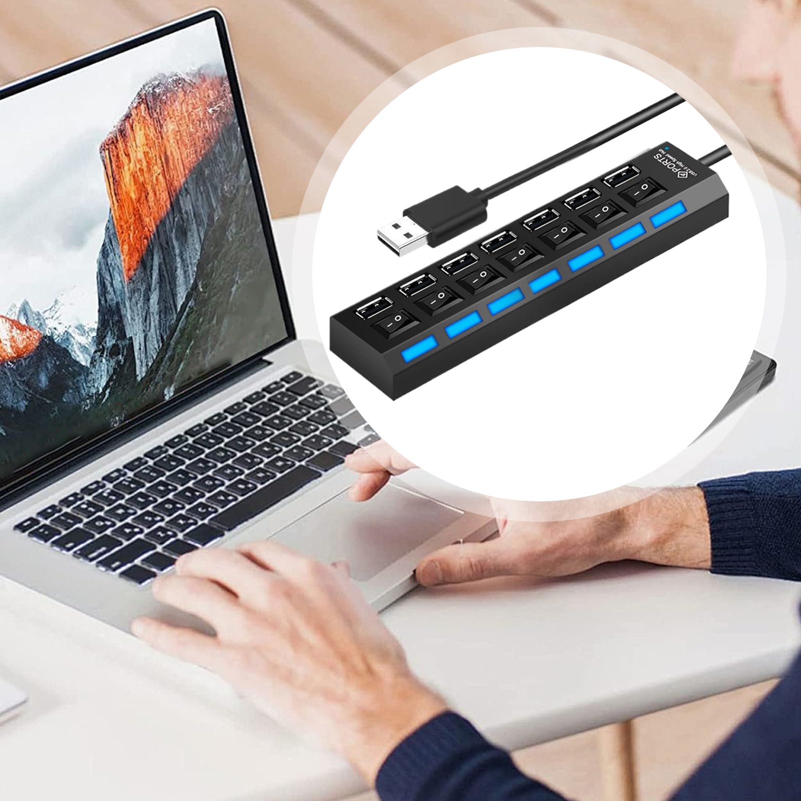 USB C HUB | Transferencia de Datos multiport de 4 Puertos, 7 Puertos | Multipurpose 3.0 USB Hub con botón Individual y Base Antideslizante para Trabajo Remoto Edición de Video Descripción