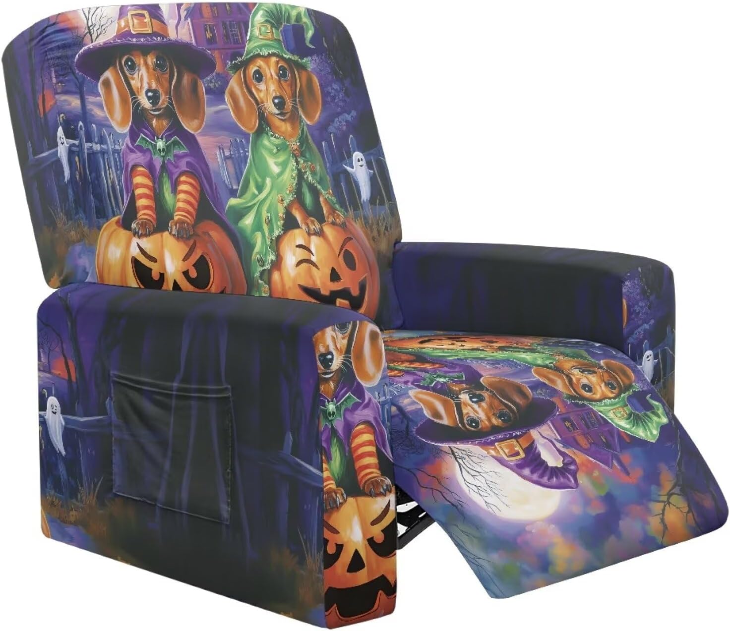 FOR U DESIGNS Dachshund Witch Pumpkin Recliner Covers Washable 4 Pieces Stretch Slipcover for Reclining Chair with Storage Pockets Stay in Place Soft Fabric Halloween Decorations