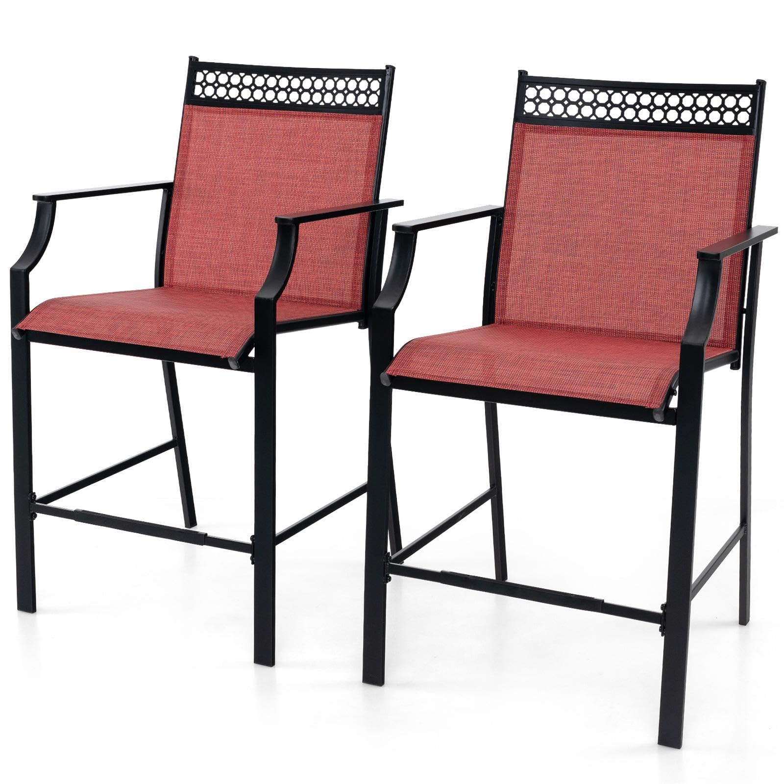 TANGZON Garden Bar Stools Set of 2, Outdoor Bar Chairs with Backrest, Armrests & Footrest, All Weather Texteline Counter Garden Chairs for Patio Poolside Backyard Balcony Lawn (Red)
