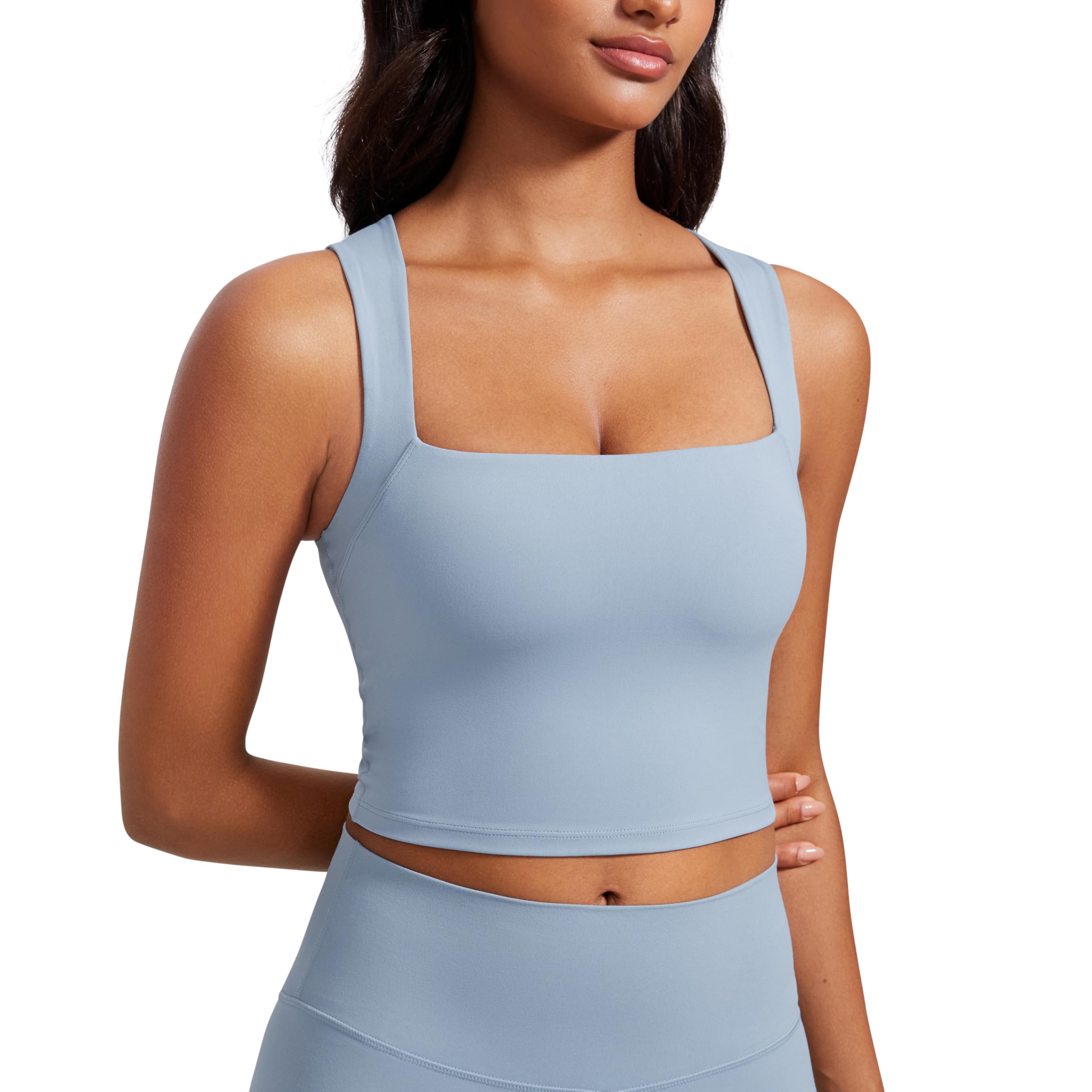 CRZ YOGA Butterluxe Womens Longline Square Neck Sports Bras - Basic Crop Tank Yoga Workout Tops with Built in Pads