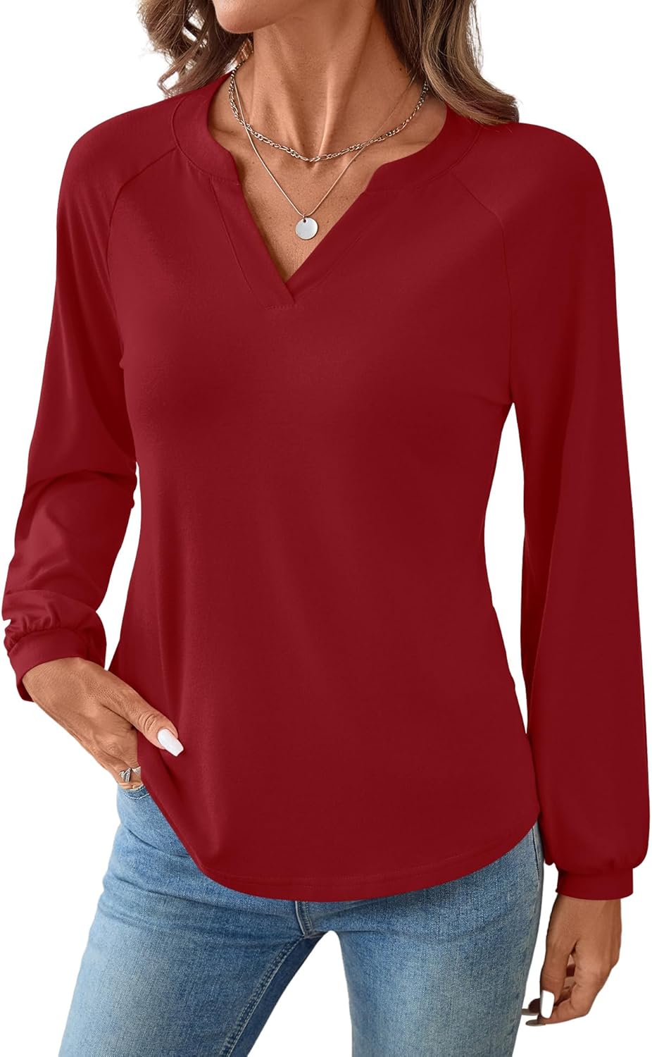 AKEWEI Women's Blouses V Neck Dressy Casual Lantern Long Sleeve Tops Business Work Raglan Shirts Fashion - Image 2