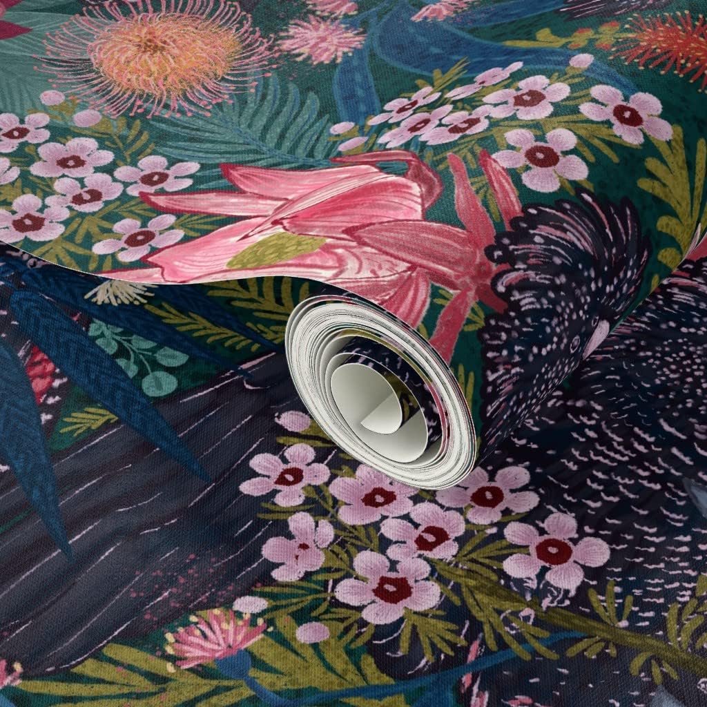 Peel & Stick Wallpaper 3ft x 2ft - Maximalist Cockatoos Chintz Floral Australian Animalier Protea Custom Removable Wallpaper by Spoonflower