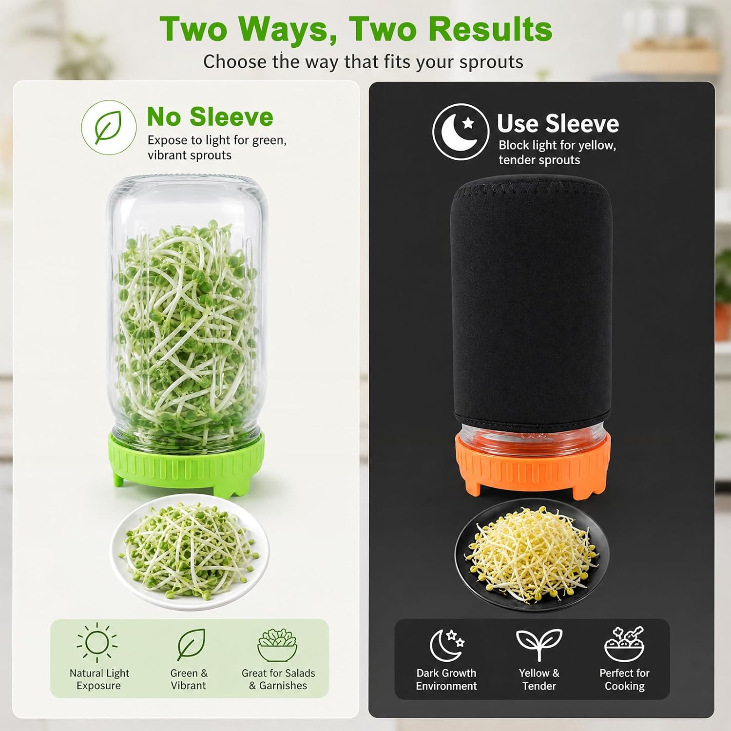 Seed Sprouting Kit with 2 Large Wide Mouth Mason Jars - 32 oz Glass Sprout Jar Set with Stainless Steel Screen Lids, Blackout Sleeves, Stand & Drip Tray for Growing Broccoli, Alfalfa, Beans image 3