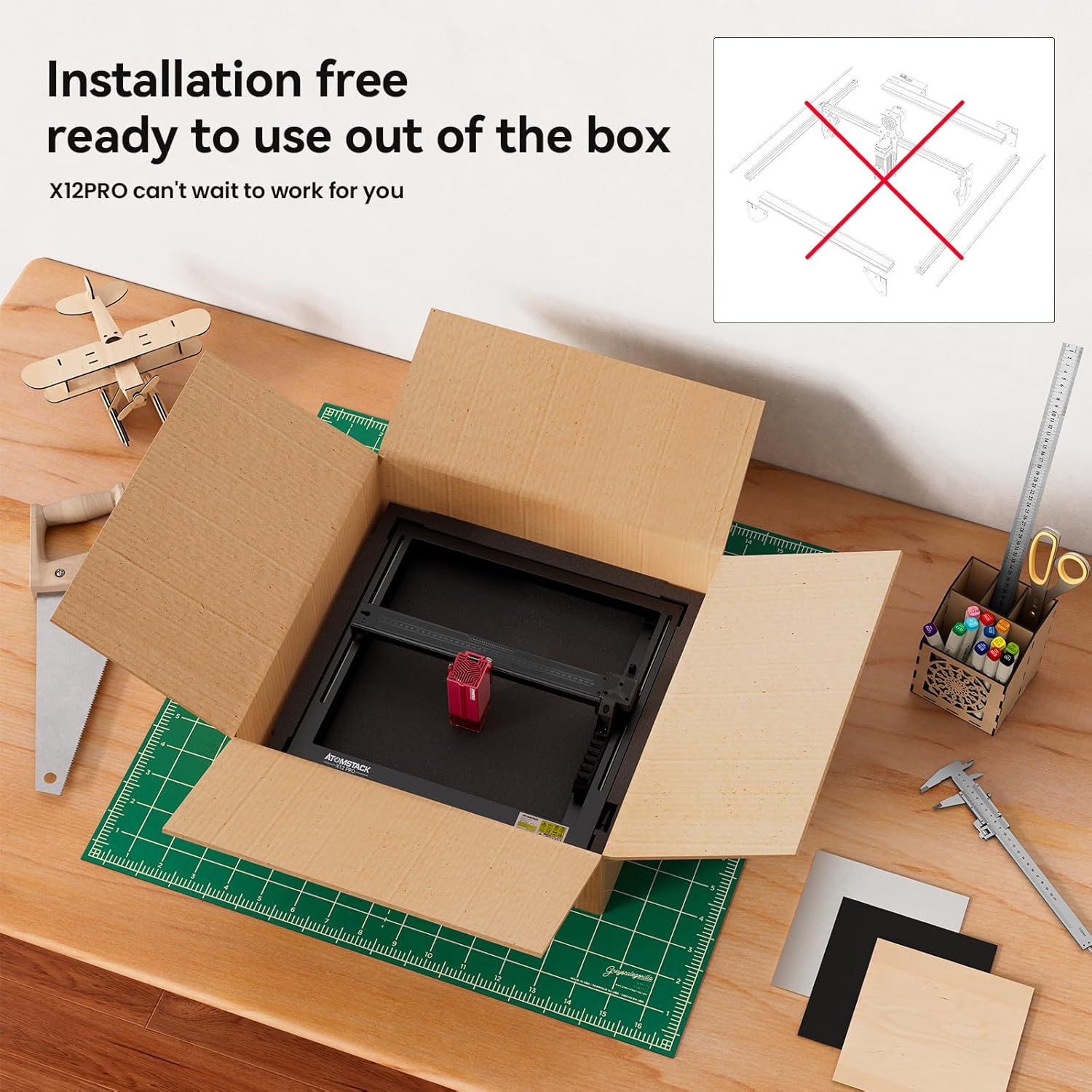 ATOMSTACK X12 Pro Laser Engraver being unboxed, showing its ready-to-use, pre-assembled state.