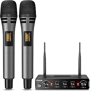 TONOR Wireless Microphone Systems, Dual UHF Cordless Karaoke Microphone Set, Handheld Dynamic Mic for Singing with Receiver for Home Karaoke, Party, Church, DJ, Wedding, Speech TW350 Grey