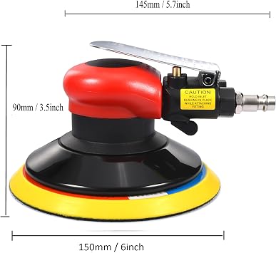 Professional Air Random Orbital Sander, 6-Inch Pneumatic Dual Action Palm Sander/Polisher, 10,000 RPM Variable Speed with Hook & Loop Pad for Auto Body, Woodworking & Metal (Red, 150mm)