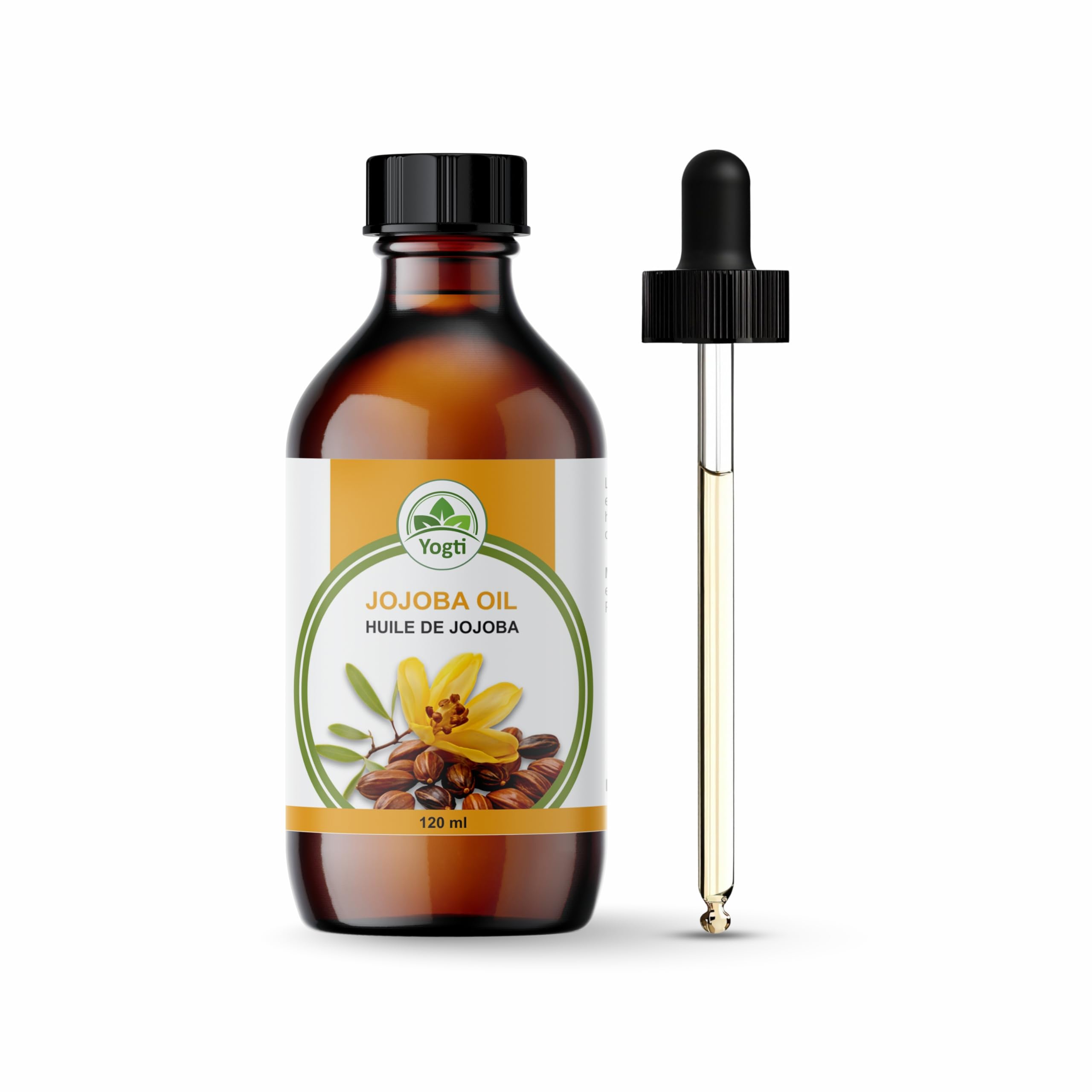 Yogti [Canadian Brand] Jojoba Oil, Dark Glass Bottle - 120ml Natural Cold Pressed, Unrefined Premium Grade Carrier Oil for Hair, Face and Body, Comes with a dropper - 120ml