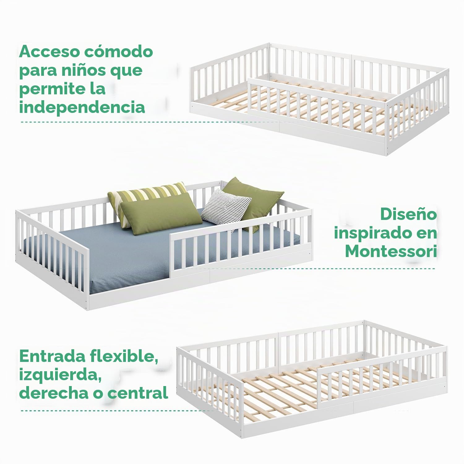 CADANI Timi 2en1 Cama Infantil al RAS del Suelo 120x200 cm Montessori con Barrera anticaída Desmontable, Incluye somier, Pino Macizo, Blanco - 3 Variantes de Montaje, hasta 200 kg, Convertible