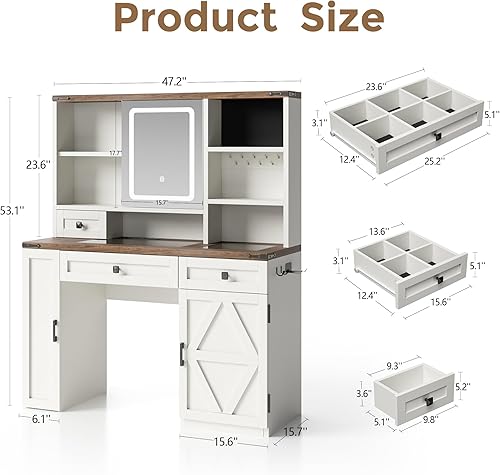Miniatura 2 de Tocador de maquillaje estilo granja con luces y espejo deslizante, mesa de tocador con superficie de cristal y estación de carga, almacenamiento
