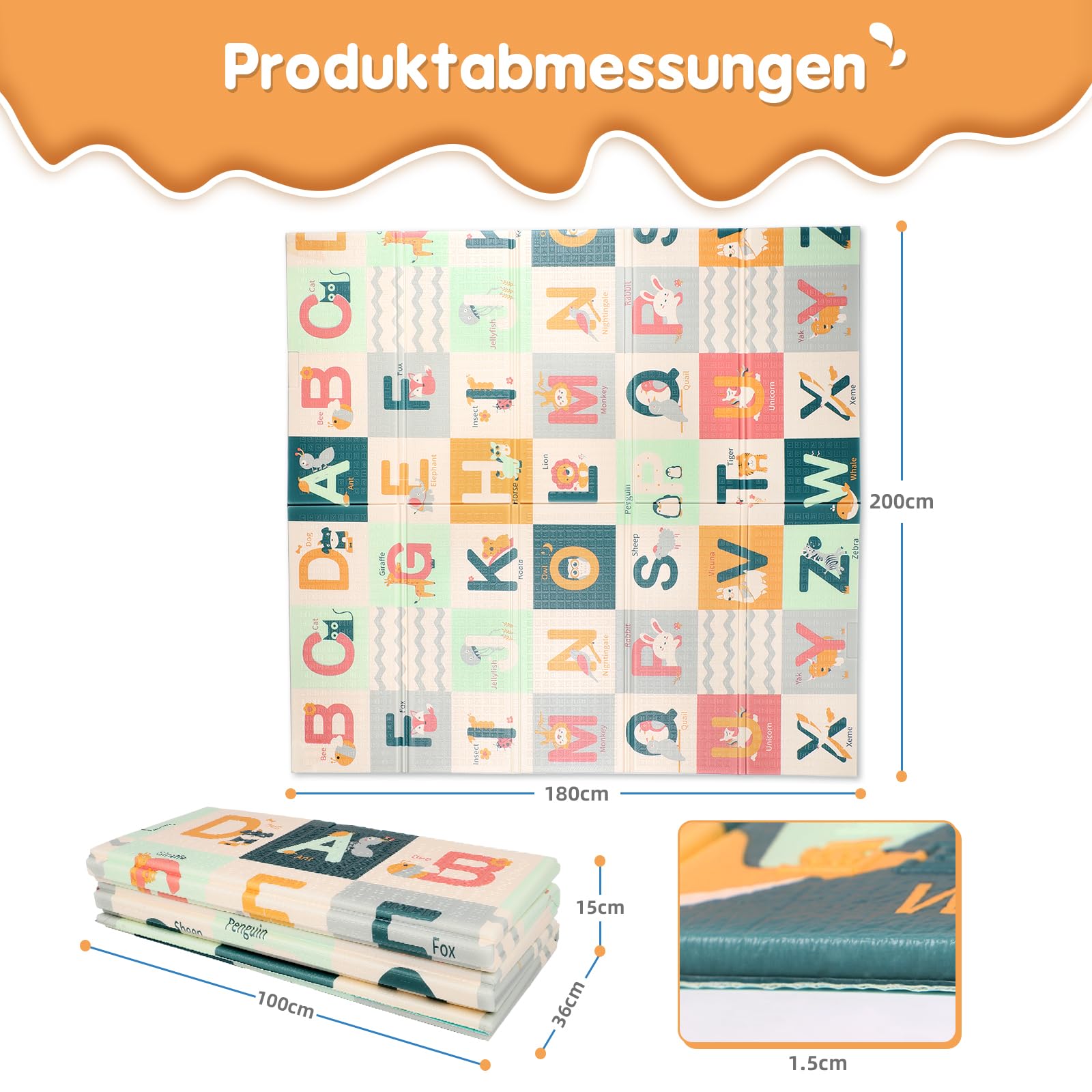 Dripex Krabbelmatte Baby Faltbar 200x180x1.5 CM Kinder Spielmatte BPA-frei | Groß Spieldecke Rutschfeste Krabbeldecke Wendbar Tragbar & Wasserdicht für Kinderzimmer Wohnzimmer (ab 0 Monate)