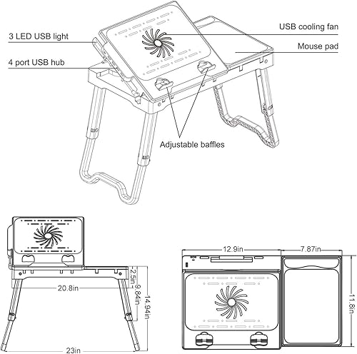 Miniatura 6 de TeqHome Mesa para computadora portátil para cama, escritorio ajustable para laptop con ventilador, 4 puertos USB, escritorio portátil con patas