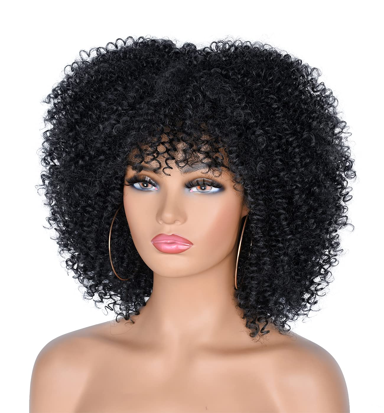CoCrowns 10Inch Short Curly Afro Wigs with Bangs Bomb Afro Kinky Curly Wig for Black Women Synthetic Fiber Full Wig (Black) - Image 2