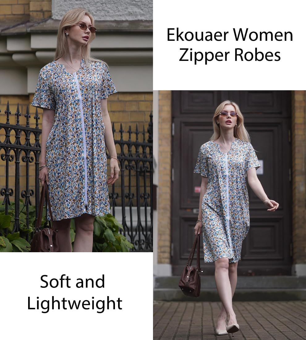 EKOUAER Women Zipper Robes Short Bathrobe Lightweight Mumu Duster House Coat with Pockets Soft Moo Moo Nightgown - Image 2