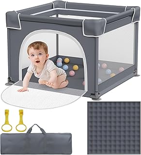 Baby PlayPen with Mat, Sturdy Safety Baby Play Yard with Soft Breathable Mesh, Baby Fence Play Area with Anti-Slip Base, W...