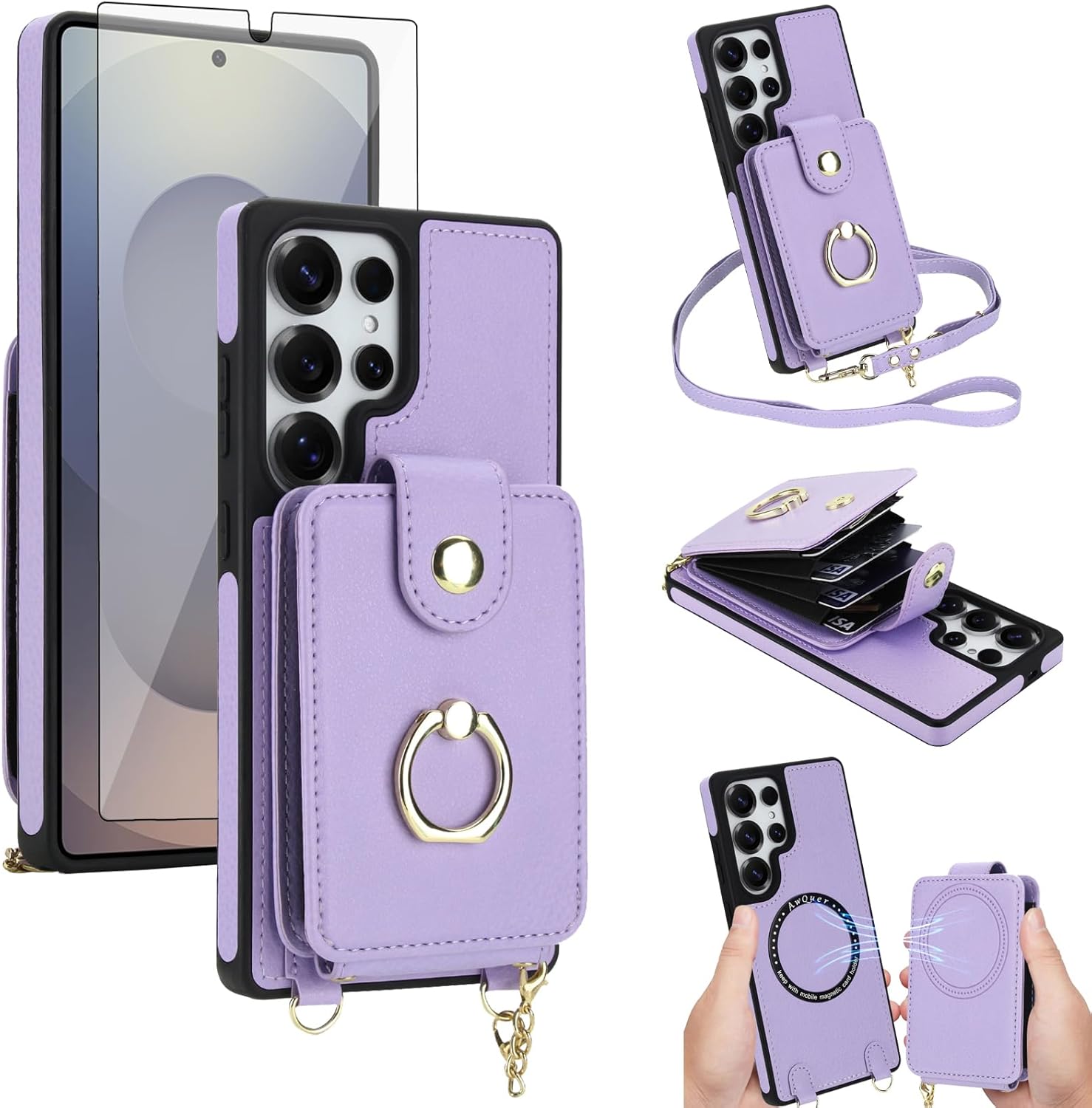 Phone Case for Samsung Galaxy S25 Ultra 5G Wallet Cover Magnetic Detachable and Screen Protector Ring Kickstand Compatible with MagSafe RFID Blocking S25Ultra 25S S 25 25Ultra for Women Purple
