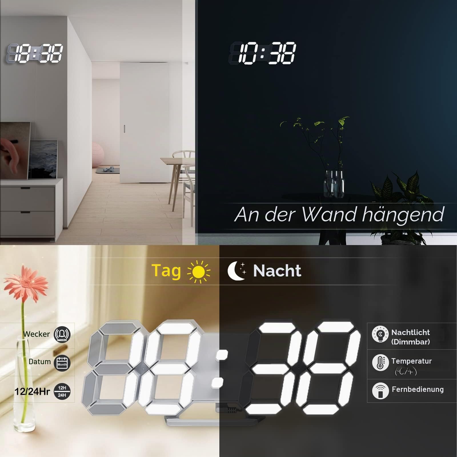 KOSUMOSU Digitaluhr 3D LED Wanduhr 9.7 Zoll, Tischuhr Großes Display Digitale Wanduhr Schreibtischuhr mit Fernbedienung 12/24H Temperatur (Weißes Licht)