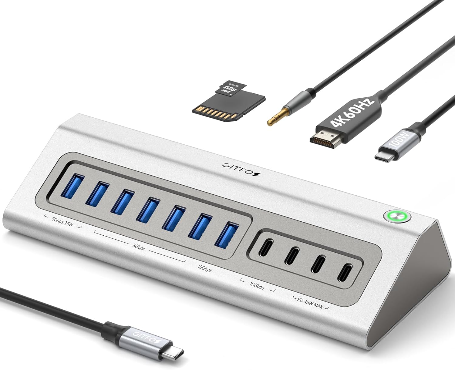 Gitfos Powered USB Hub,18 in 1 USB C Hub with 4K HDMI,PD 100W,45W Charging,10Gbps Data,SD/TF,Audio,65W Power Adapter & 3.3FT Cable,Aluminum,Smart Button, USB Hub for Laptop,MacBook,iPhone 17/16,iPad