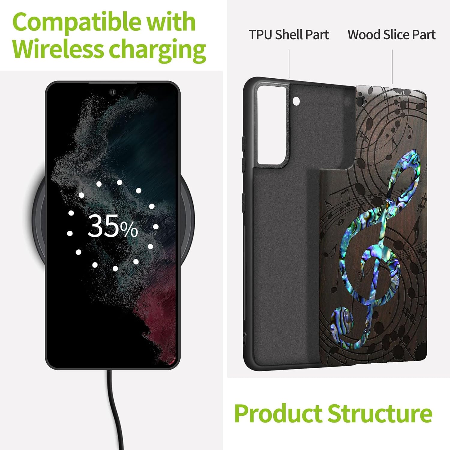 Carveit Designer Wooden Cover for Samsung Galaxy S22 Plus Case [Wood Engraving & Shell Inlay] Compatible with Wireless Chargers Galaxy S22 Plus (Musical Note-Blackwood)