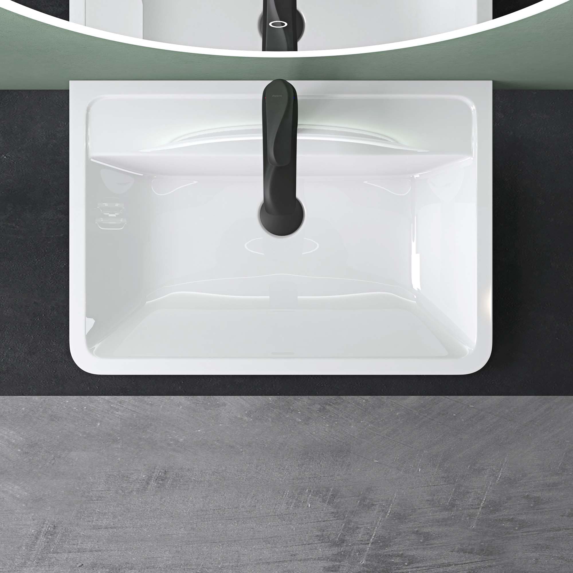 Mai & Mai Waschbecken Einbauwaschbecken 60cm Rechteckige Waschschale aus Mineralguss Weiß glänzend mit Überlauf Colossum08