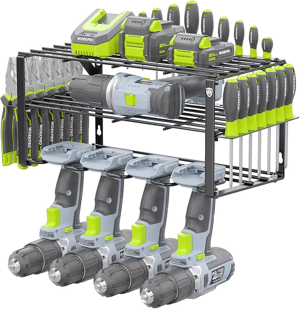 WORKPRO Power Tool Organizer, Wall Mounted Power Tool Holder, 3-Tiers Storage Rack for Cordless Drill Storage, 150 LBS Load Capacity for Garage, Warehouse, Workshop