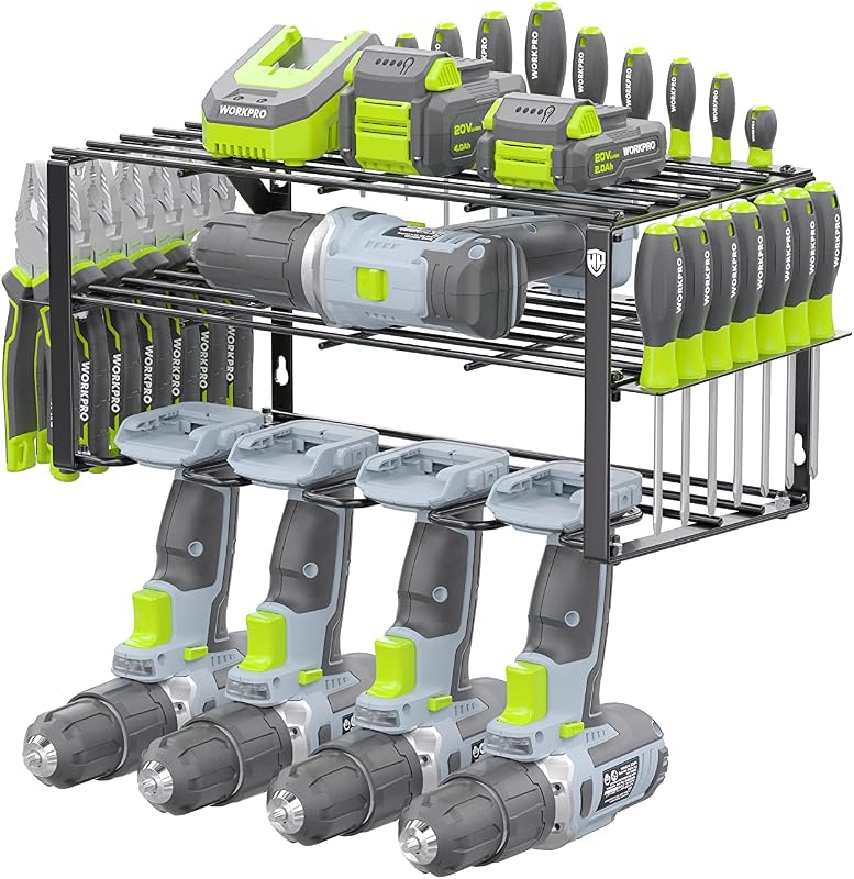 WORKPRO Power Tool Organizer, Wall Mounted Power Tool Holder, 3-Tiers Storage Rack for Cordless Drill Storage, 150 LBS Load Capacity for Garage, Warehouse, Workshop