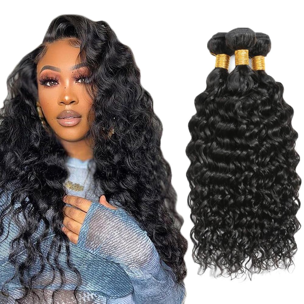 View 1 of 16 18 20 Inch Water Wave Bundles Human Hair 3 Bundles 50 Gram Per Bundle Unprocessed Brazilian Virgin Remy Hair #1B Natural Black Water Wave Bundle Human Hair Weave Extenions