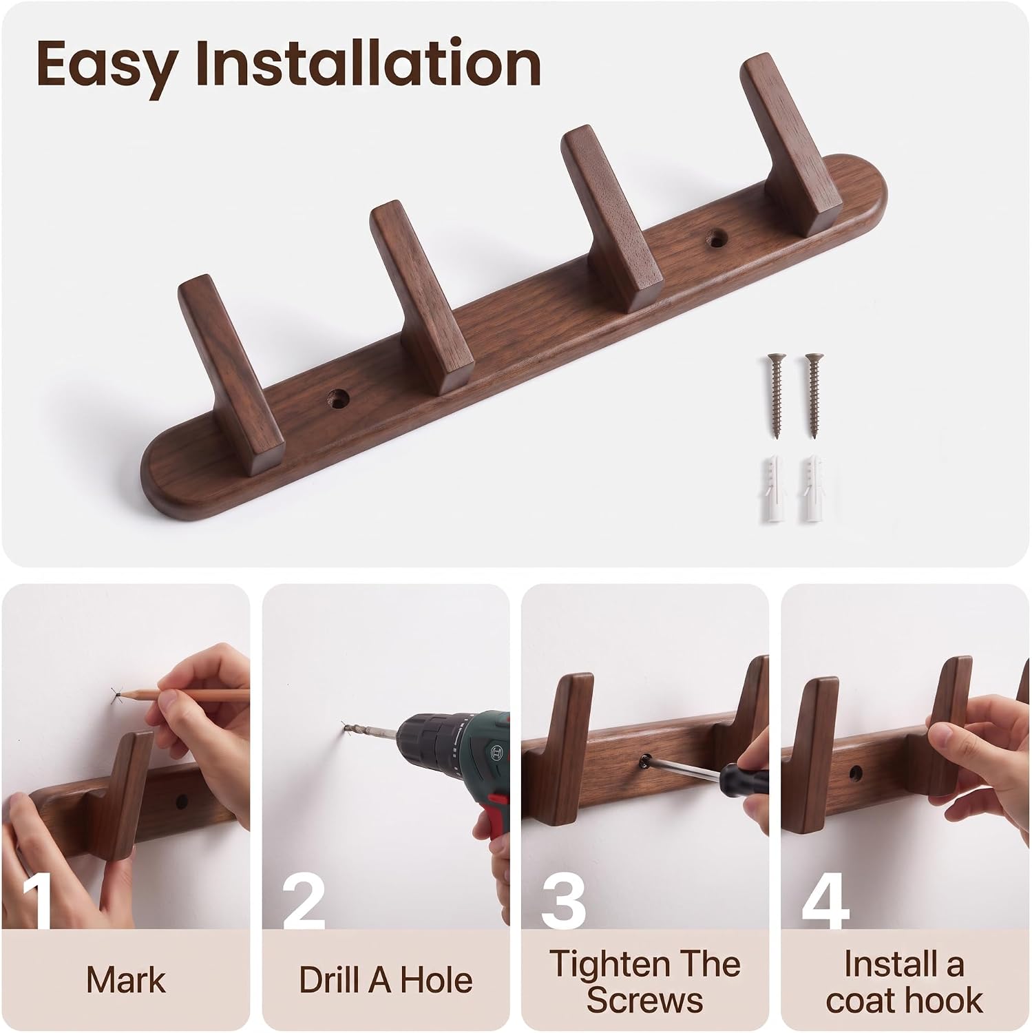 Walnut Wood Coat Rack Wall Mount, Beautiful Hat Rack for Wall with 4 Hooks